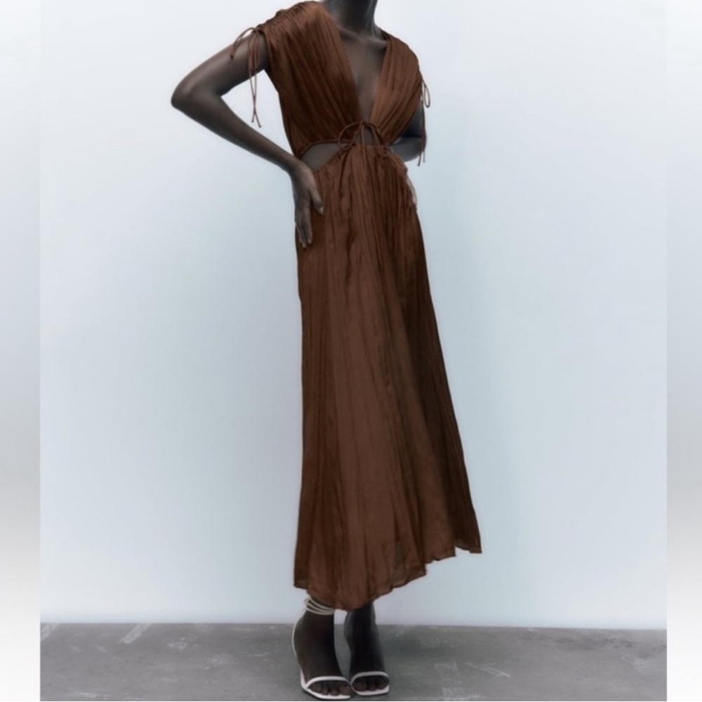 Brown Satin Cut Out Dress with Pleats